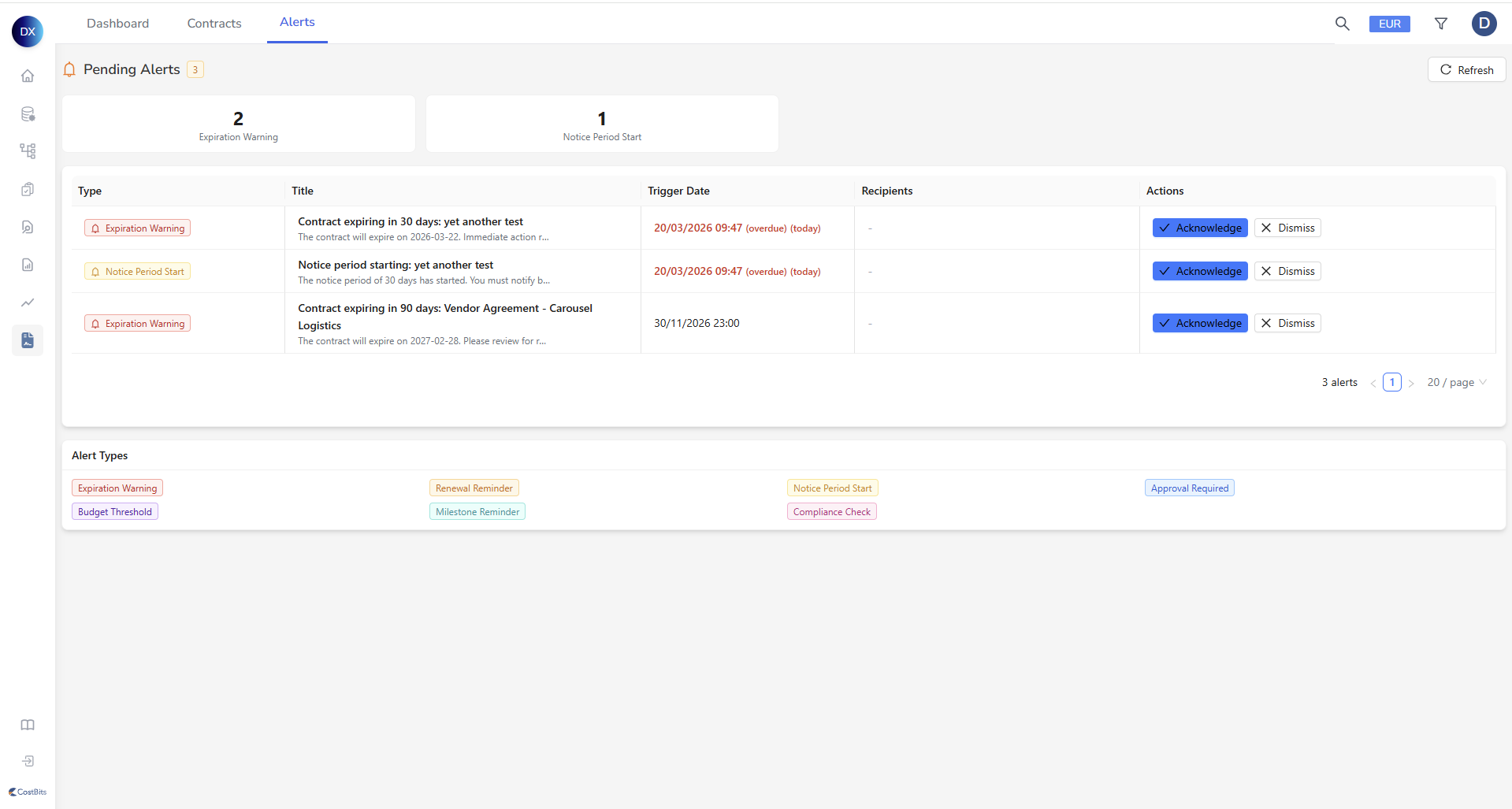 Contract alert page Contract alert page