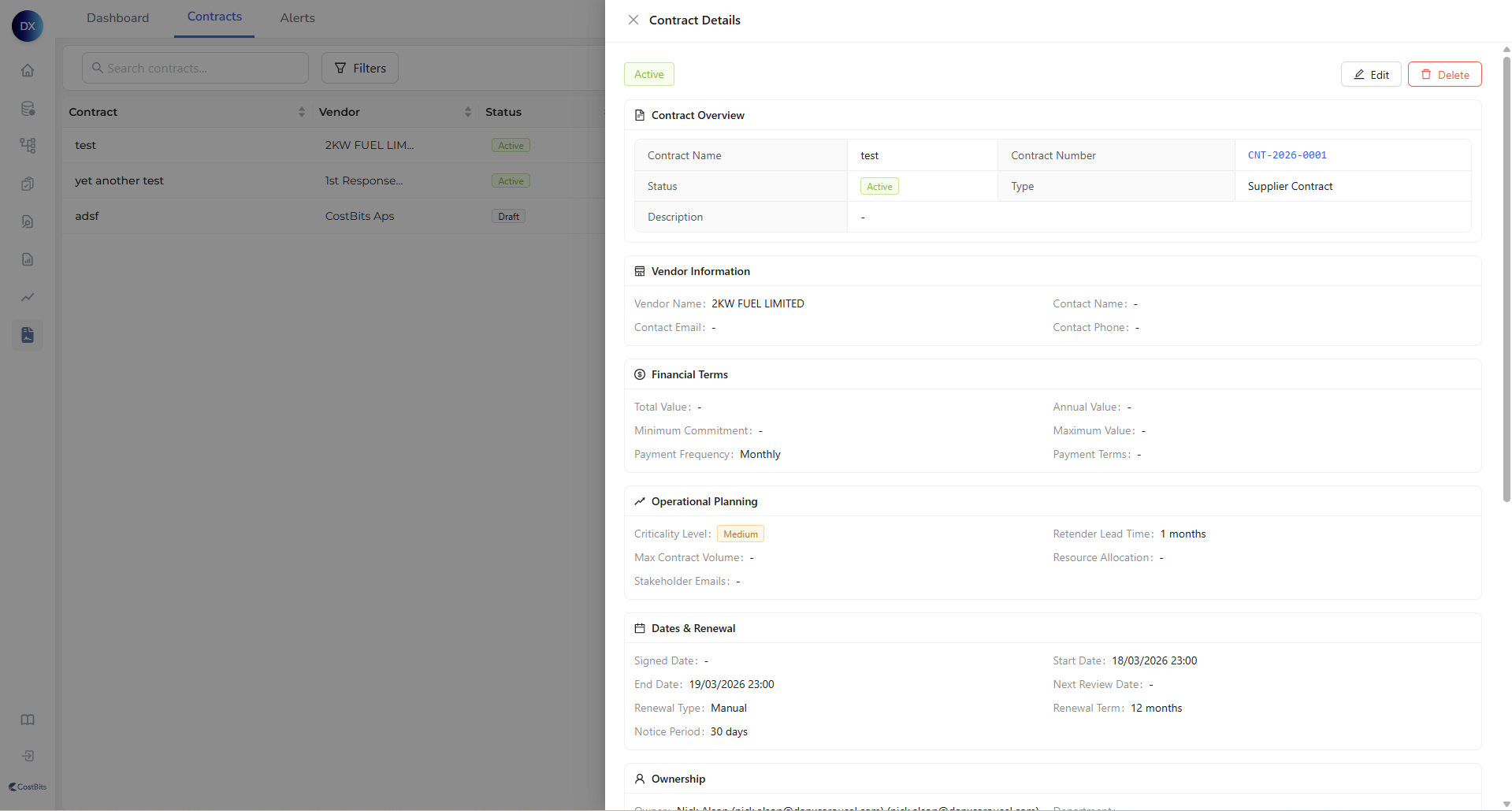 Contract card page Contract card page